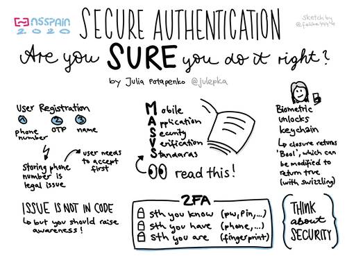 Sketchnote about how to authenticate securely in your app at NSSpain 2020