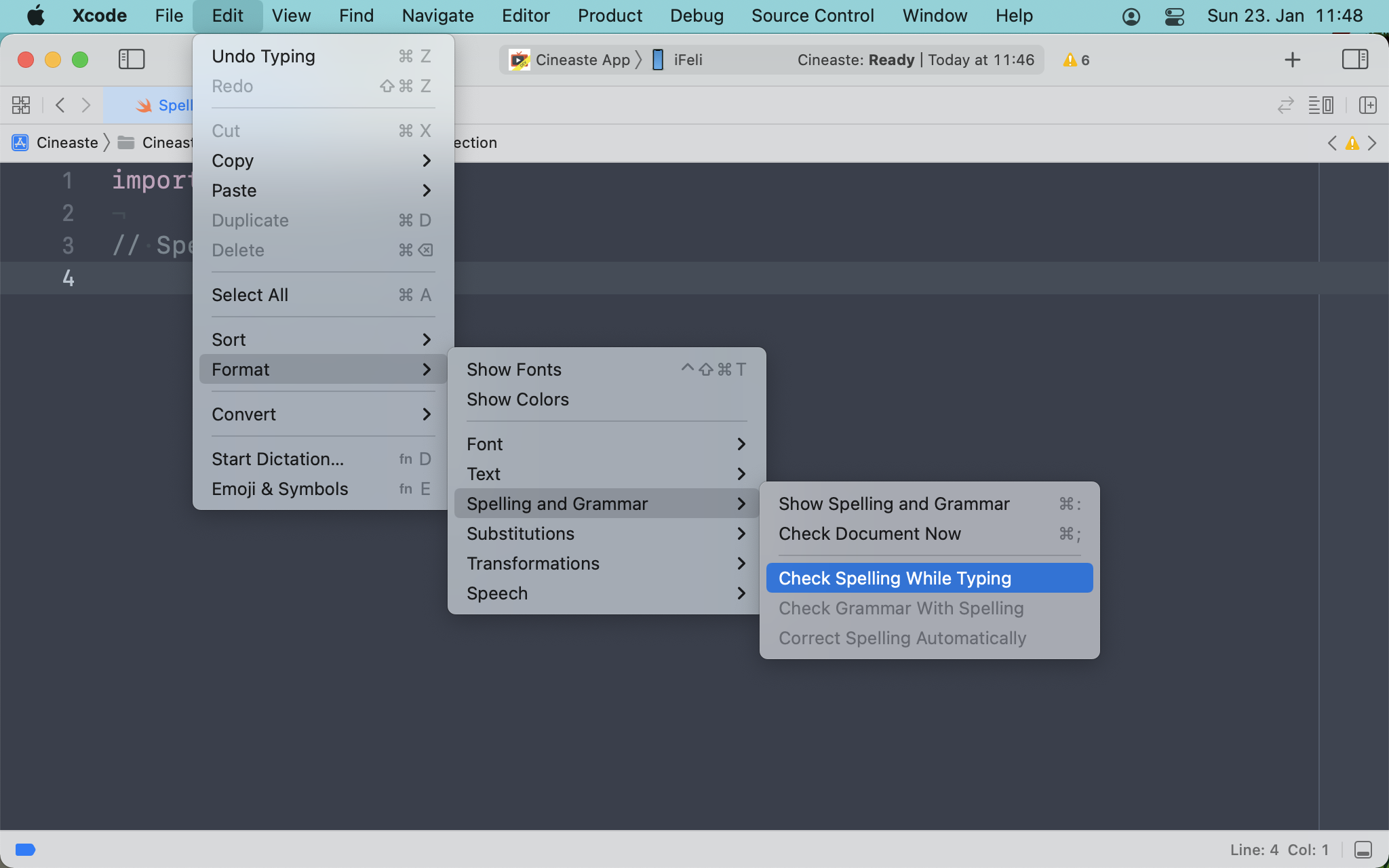 A screenshot from Xcode’s system menu to the setting