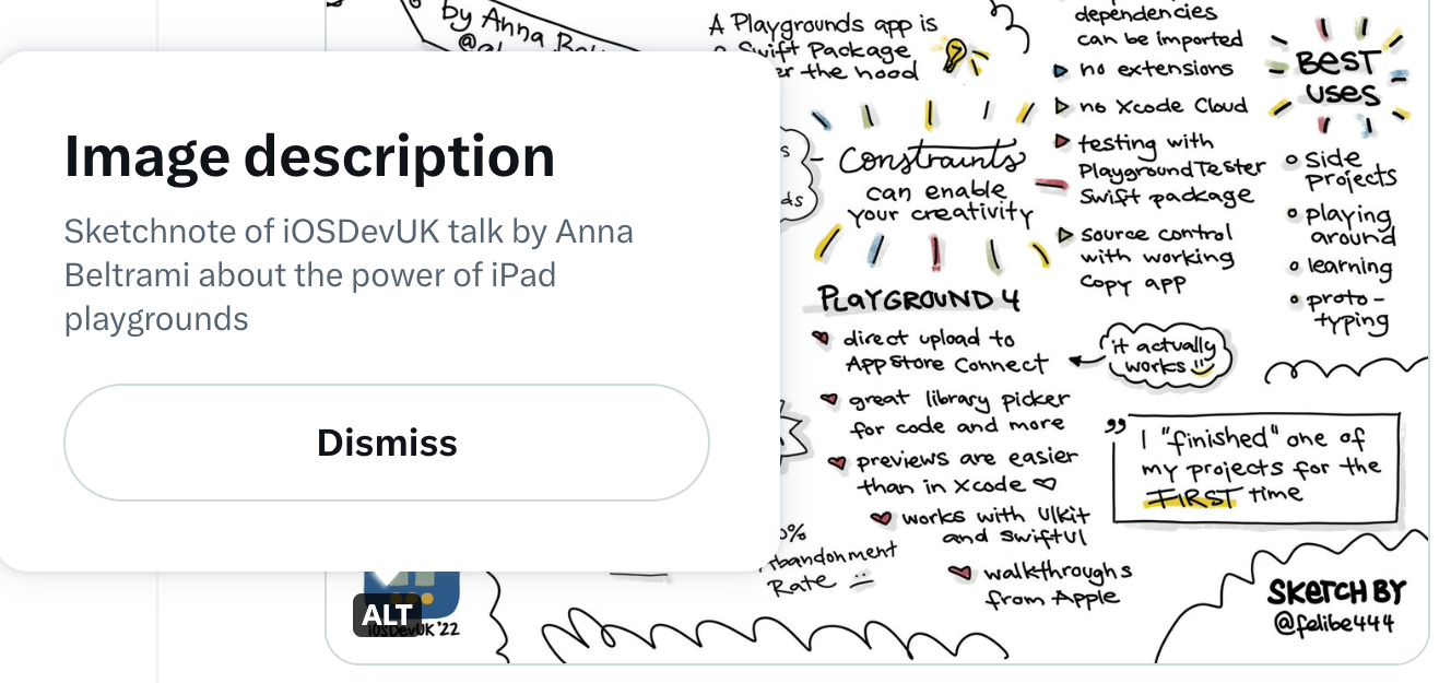 Screenshot from a past tweet of a sketchnote from Anna. There’s a pop up open with the alt text of the sketchnote, reading: Sketchnote of iOSDevUK talk by Anna Beltrami about the power of iPad playgrounds