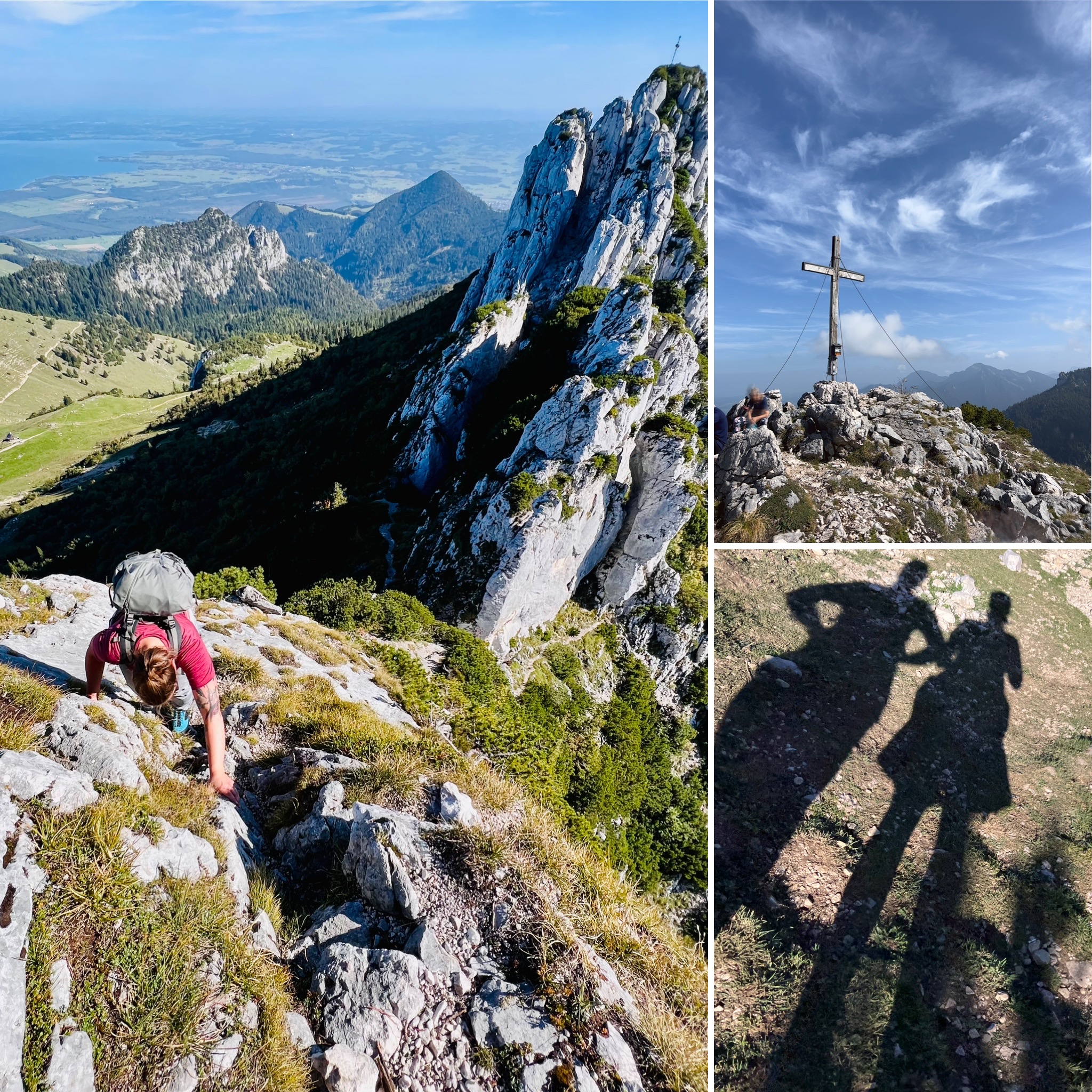 Collage of three pictures. 1: Feli’s sister scrambling down from the top of the Kampenwand summit with a stunning view over Chiemgau Alps and Chiemsee. 2: The summit cross of Gedererwand close to Kampenwand. 3: Feli and her sister’s shadow as silhouettes on green grass while hiking.