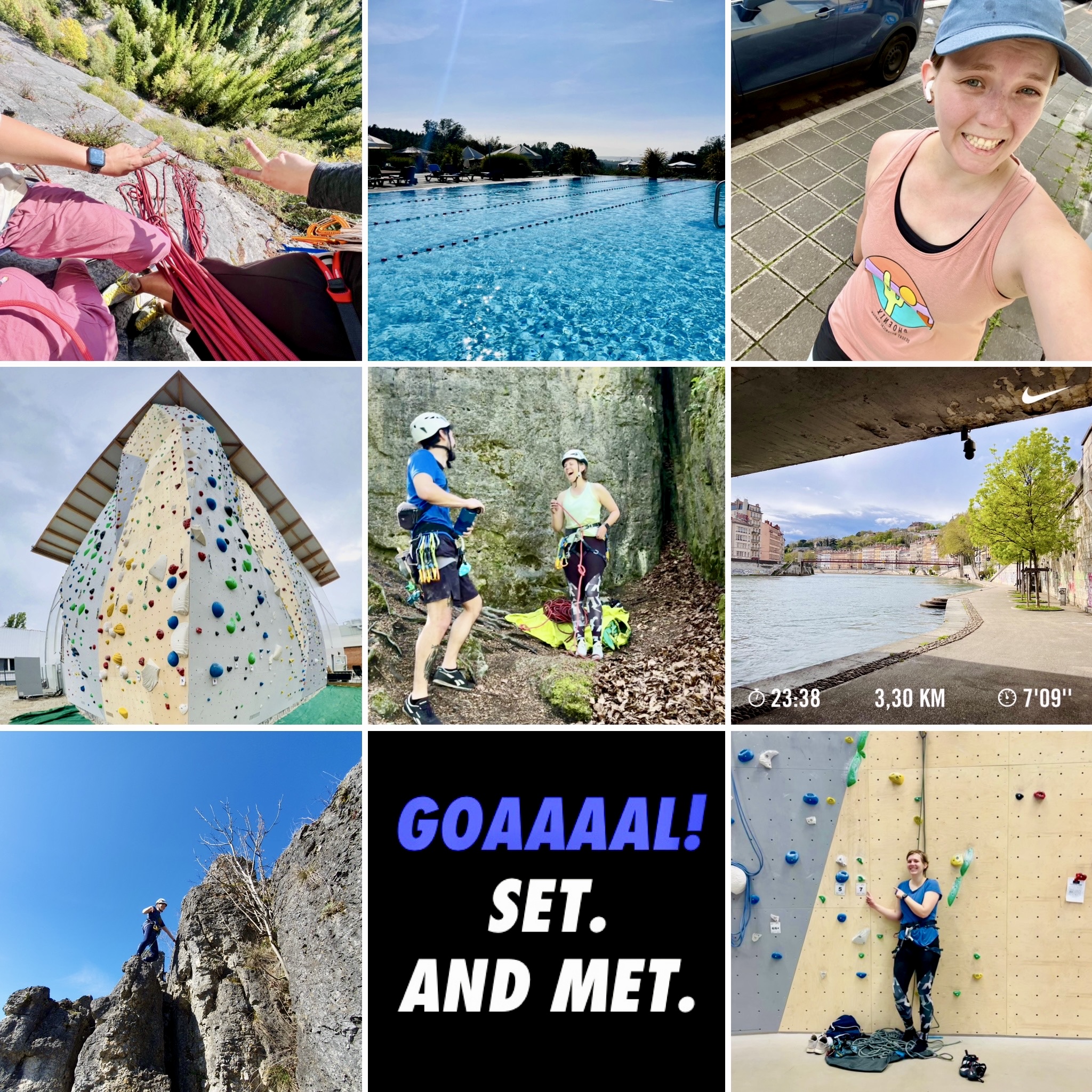 Collage of nine pics. 1: View from above with Feli and her both making peace signs with their hands at the top of a mountain above of green trees. 2: Empty swimming pool with swimming lanes while sun shining. 3: Selfie with Feli in running gear with airpods in her ears. 4: The edge of an outside climbing wall in wide angle perspective. 5: Feli and her belayer laughing at the bottom of a rock climbing route, both wearing climbing gear and helmets. 6: Screenshot of a running workout with 23 minutes and 3,3 km, the background is showing Lyon and a river. 7: Feli standing on top of a mountain silhouette. 8: Screenshot of Nike Run Club end screen which reads Goaaaaal! Set. And met. 9: Feli pointing at the sign of a route with UIAA 7 scale in her climbing gym, smiling from success