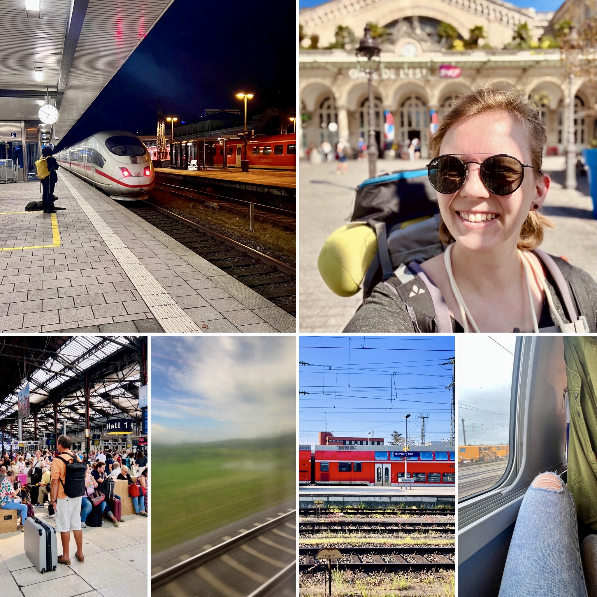Collage of six pictures. 1: train station in Nuremberg, it’s still dark and a train is waiting at the station. One person is waiting next to the train. 2: Feli with a backpack, smiling with sunglasses in front of Gare de l’est in Paris. 3: A very crowded train station in Paris, all waiting. 4: A blurred view out the train window with green landscape in the background. 5: A red train in the sun at Nuremberg central station. 6: Feli sits on the seat in a train with a window next to her and her jacket hanging above her legs.