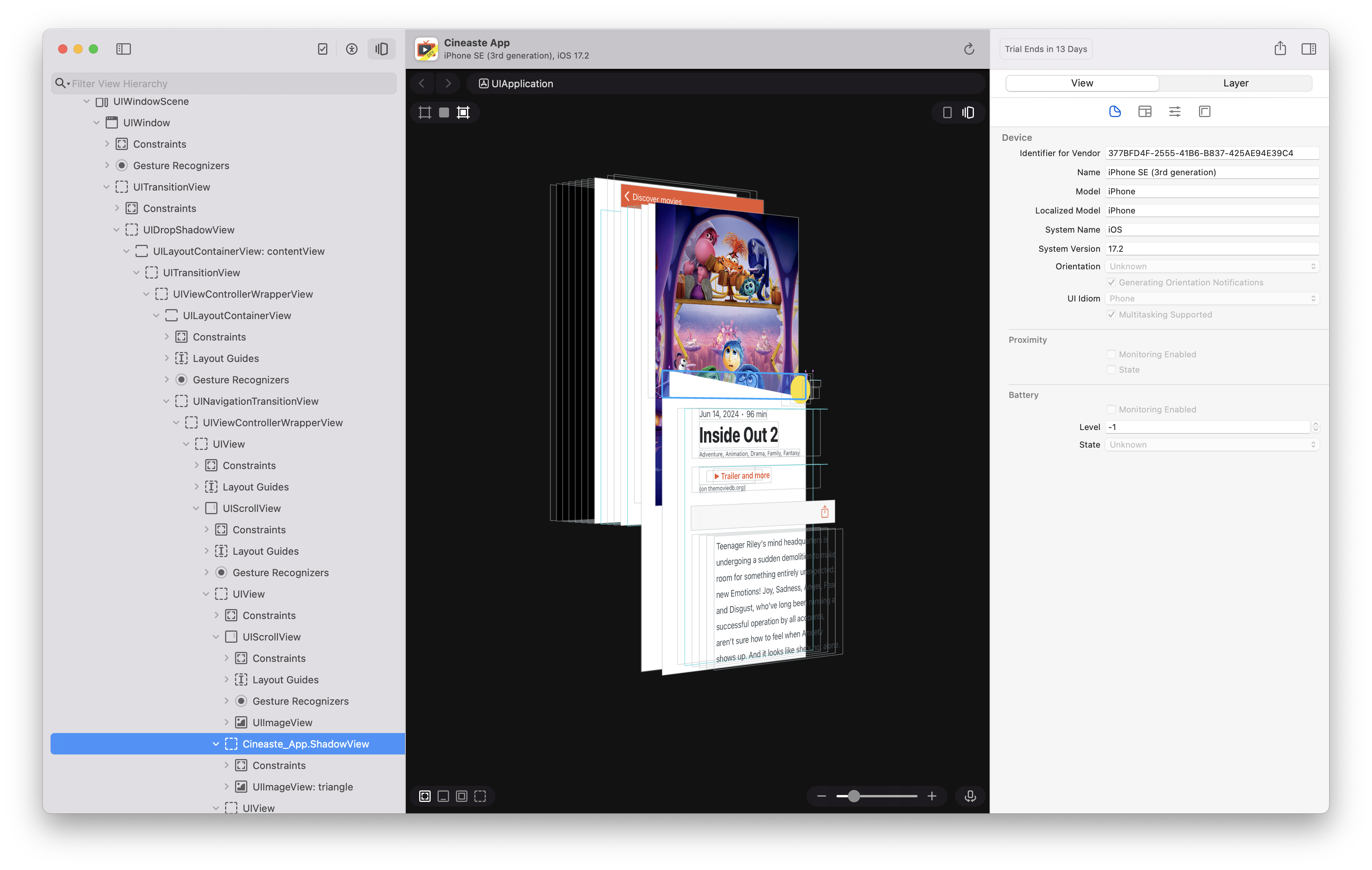 Screenshot of Reveal app. On the left side, there’s a list of view layers in the app hierarchy. In the middle, there’s a 3D view of the view layers and how they make up the view hierarchy. On the right side, more information to the selected element is shown like the frame size.