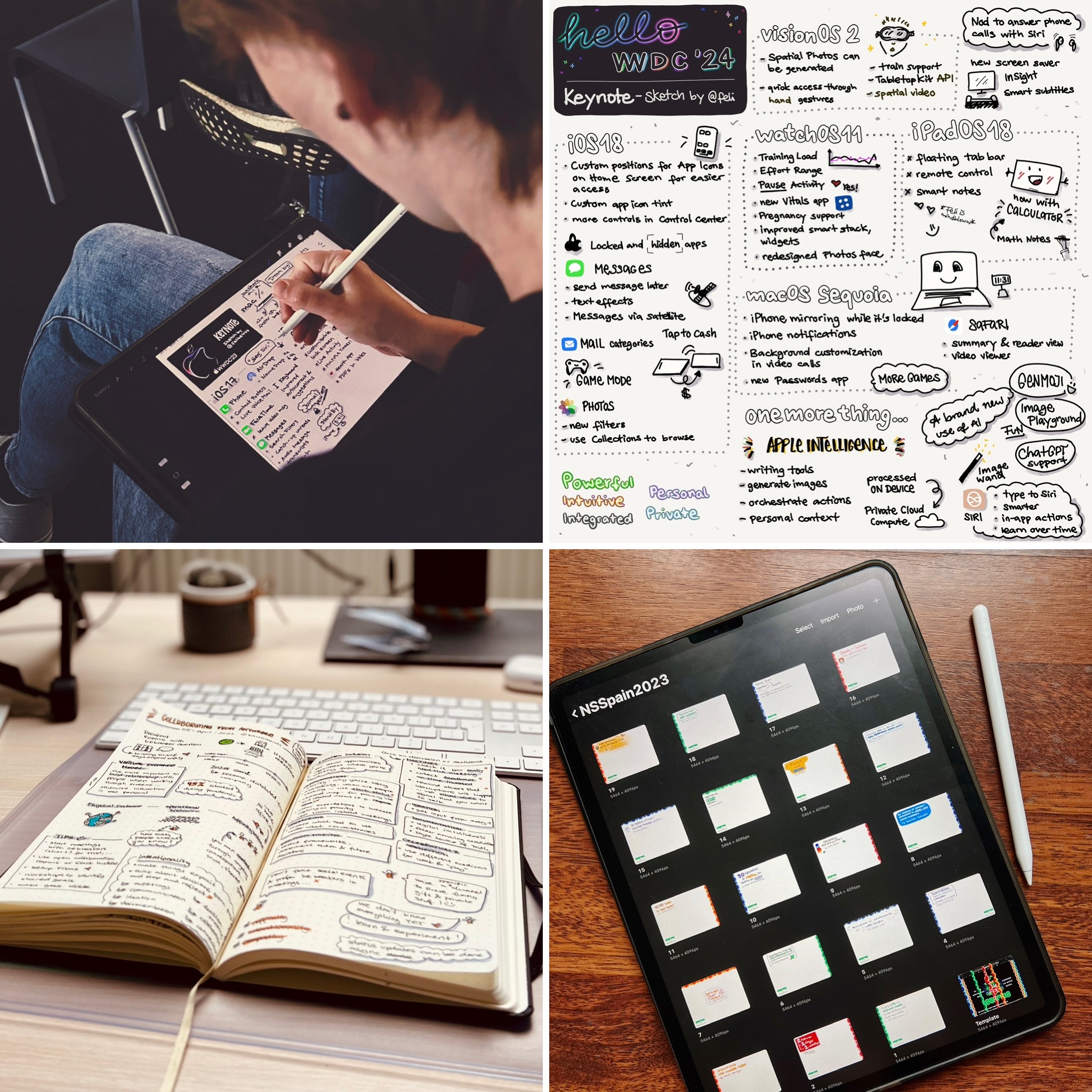 Collage of four pictures. 1: Feli sitting on a chair with her iPad on her legs and the Apple pencil in her hand drawing a sketchnote of WWDC 2023. 2: A sketchnote of WWDC 2024. 3: An open book on a desk with analog sketchnotes. 4: An iPad on a wooden table with a table of still empty but somewhat prepared sketchnotes.