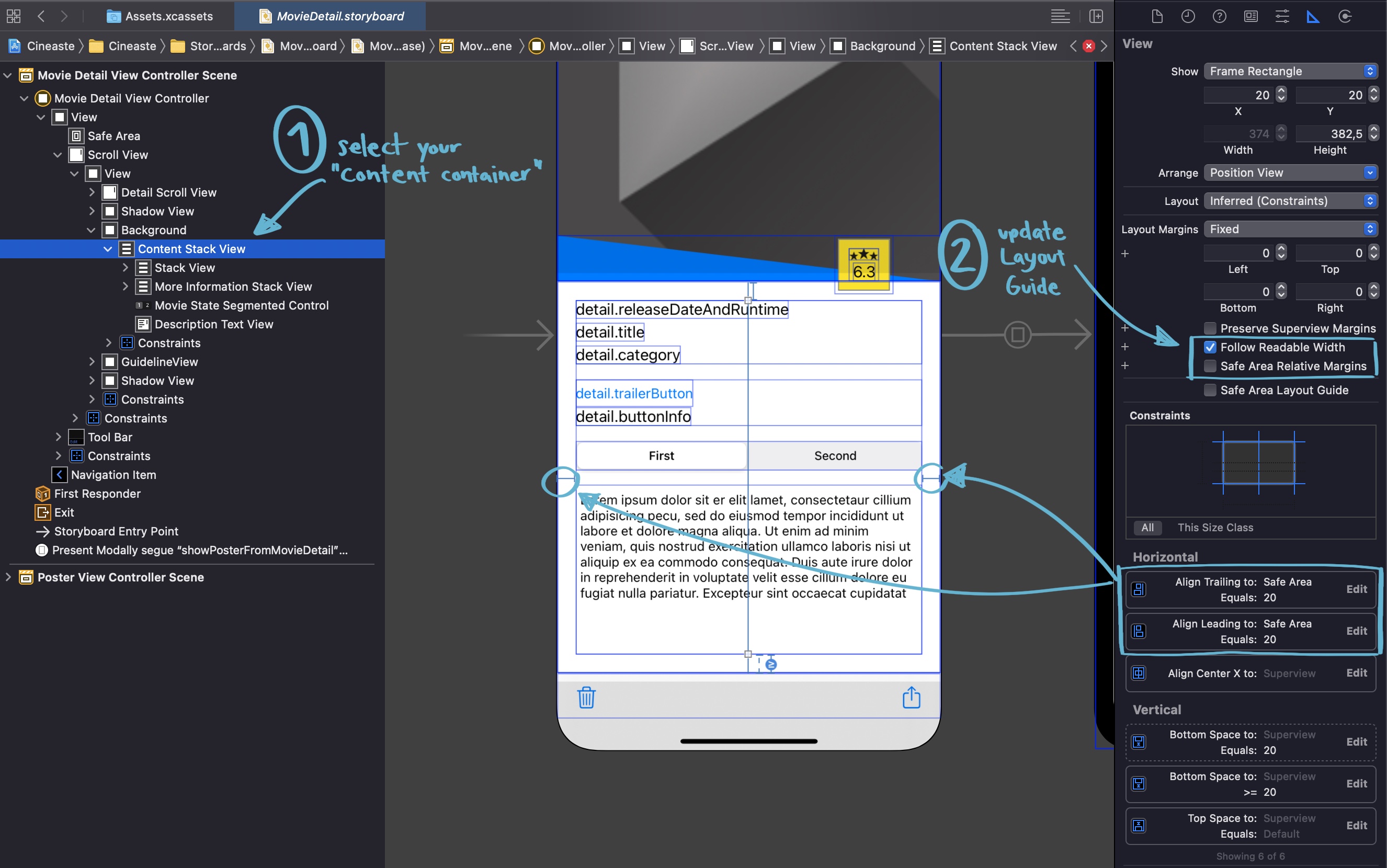 Screenshot of storyboard with Follow Readable Width Layout Guide in Xcode