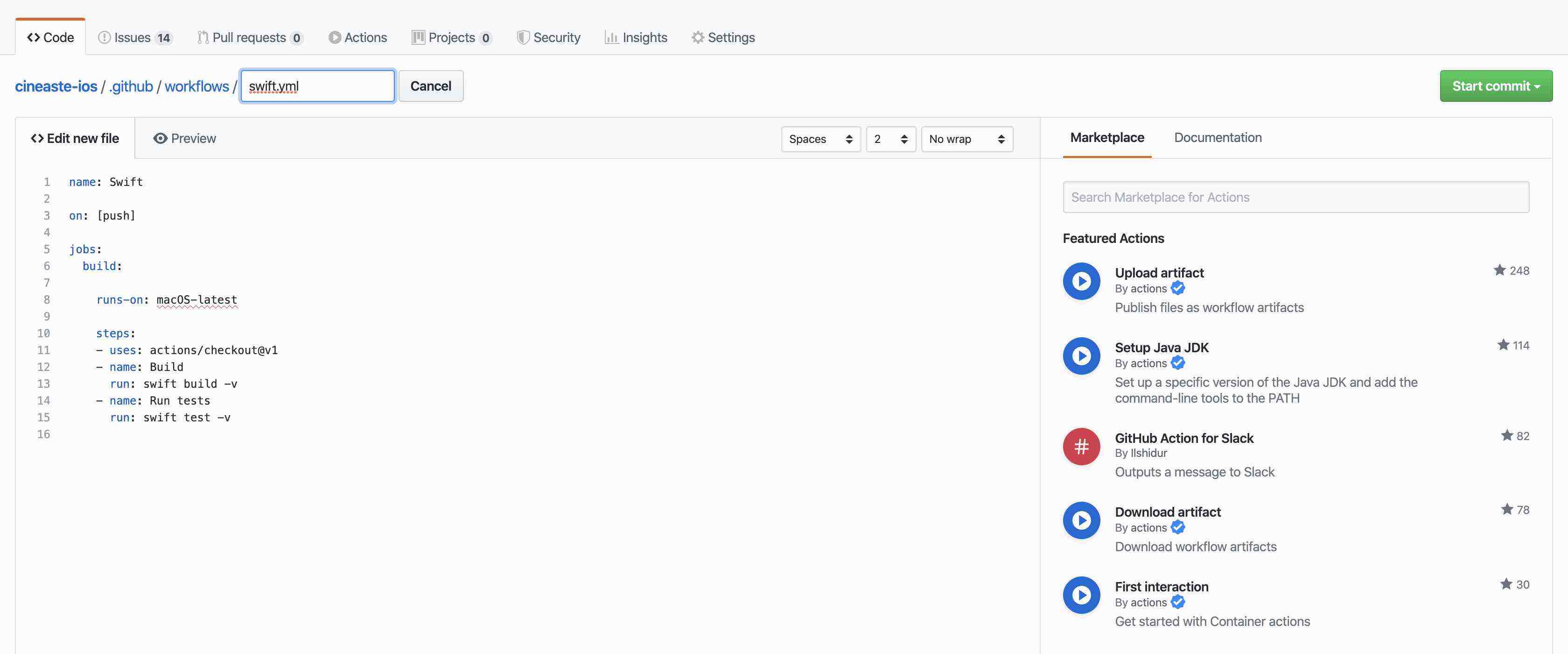 A screenshot of the GitHub Actions editor.