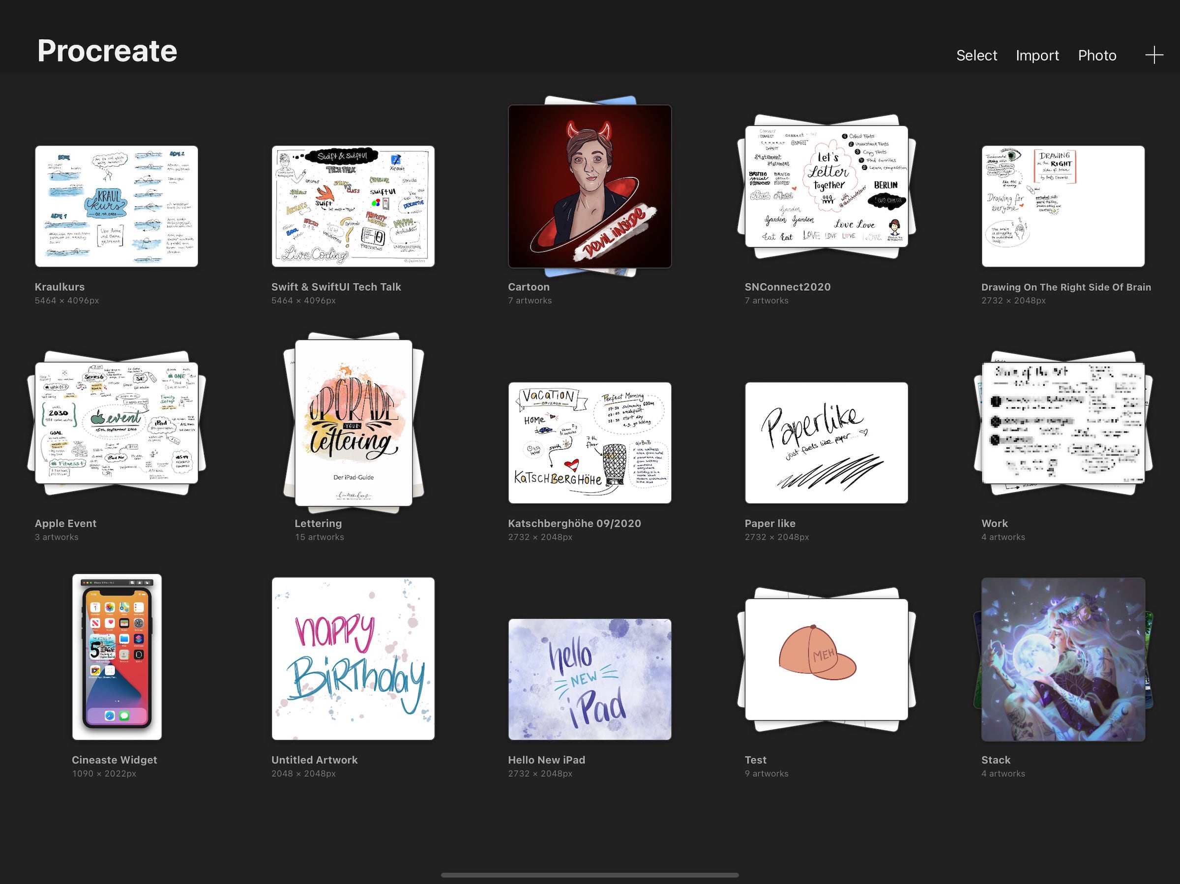 A screenshot my projects in Procreate