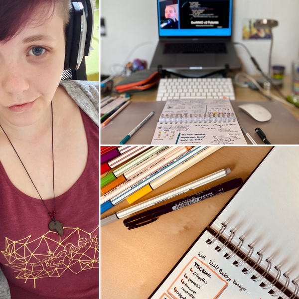 A collage of me with an UIKonf shirt, the setup of my macbook with the conference stream and in front my sketch book, pens and my sketchbook