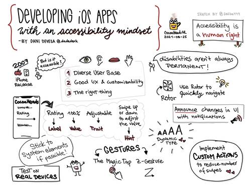 Sketchnote about 'Developing iOS apps with an accessibility mindset' by Dani Devesa at CocoaHeadsNL about a diverse user base, good UX and customizability and the right things! An overview about accessibility with rotor, dynamic type, custom actions, gestures and other tips and tricks