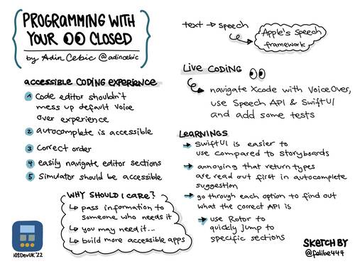 Sketchnote of iOSDevUK talk by Adin Cebic about programming with your eyes closed