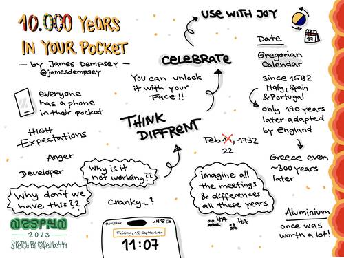 Sketchnote of NSSpain 2023 talk by James about the appreciation of what powerful devices we have and how glad we can be that we have somehow consistent dates.