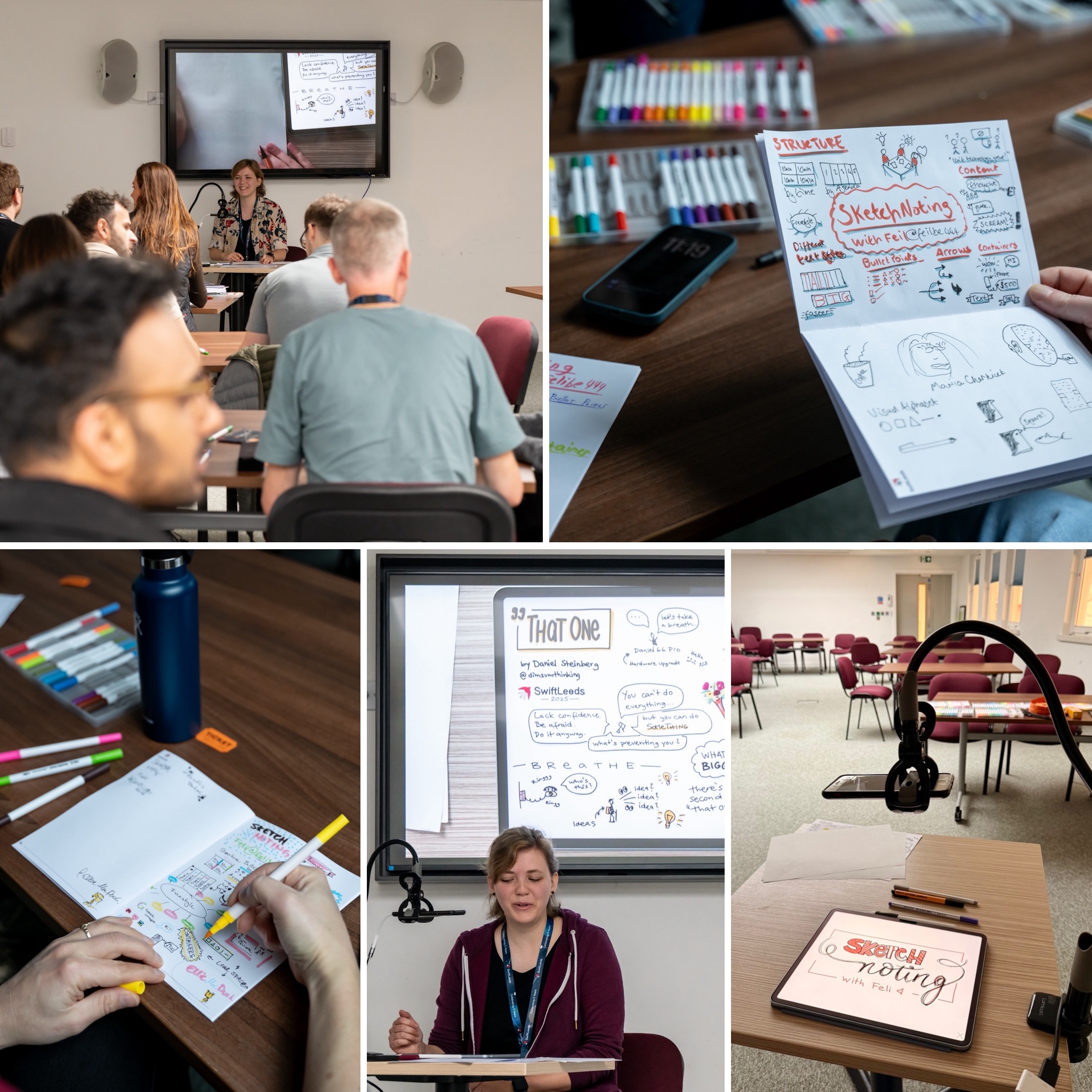 A collage with impressions of the sketchnoting workshop at SwiftLeeds. Including Feli sitting in front of a monitor with a group of people participating and details of sketchnotes created during the workshop.