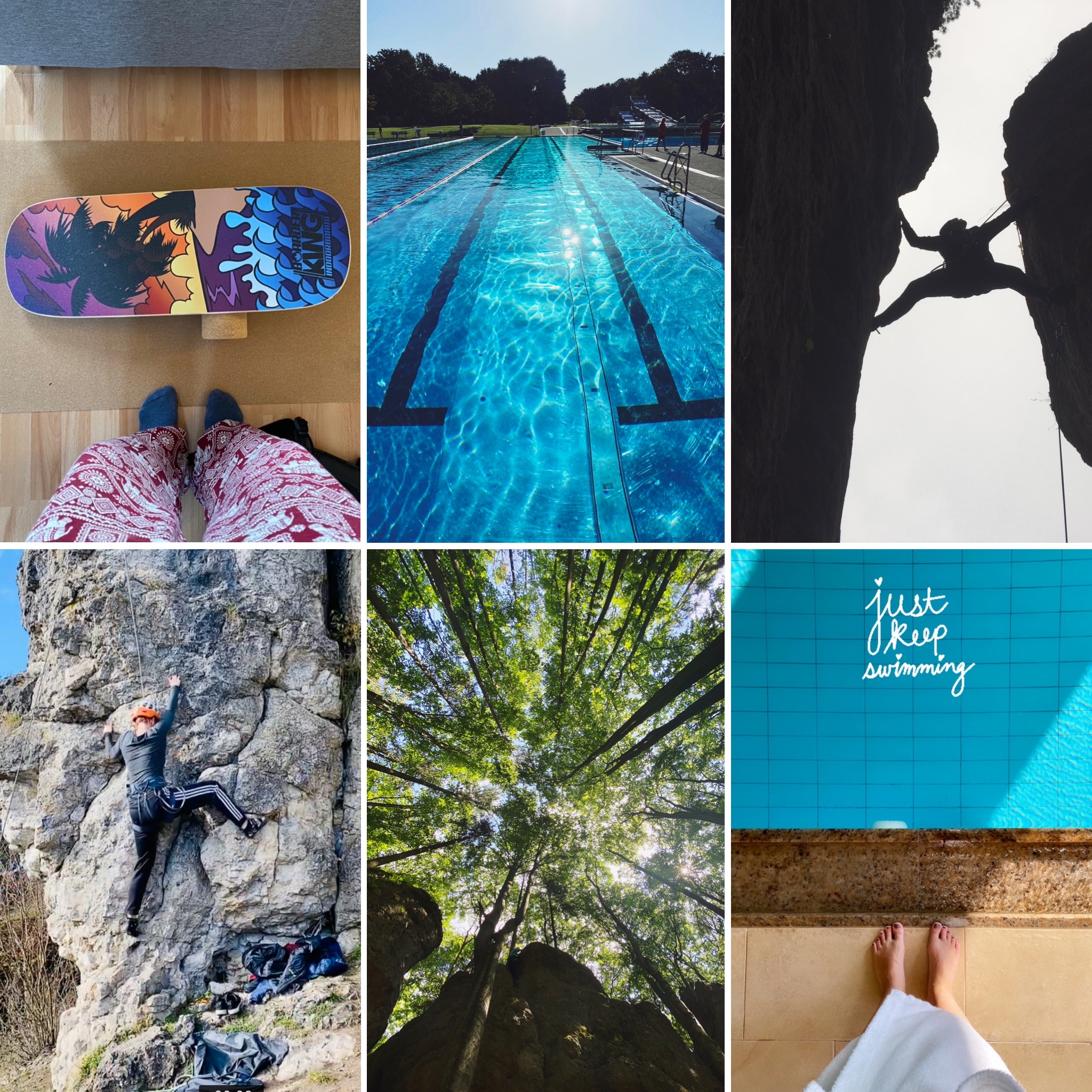 A collage of different pictures with a balance board from the top, an outdoor swimming pool, me climbing in between two rocks, me climbing in front of a rock, the view into tree tops and my feet from the top next to a swimming pool.